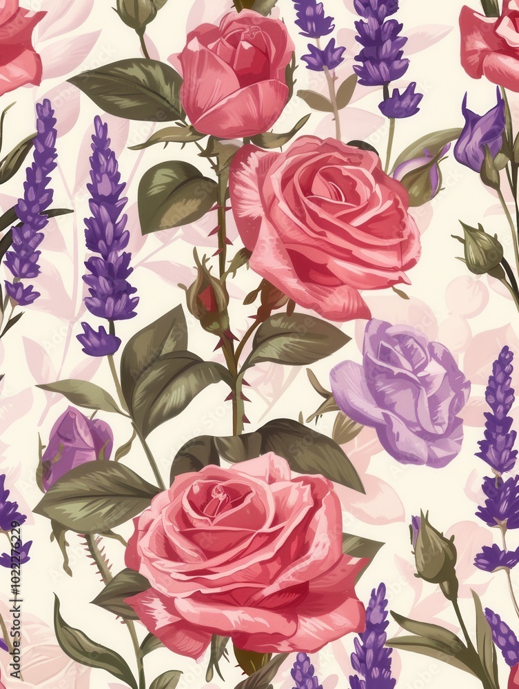 Poster this colorful pattern features blooming roses and lavender, creating a harmonious floral display ide