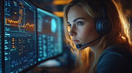 Focused Woman Working on Computer with Data Visualization