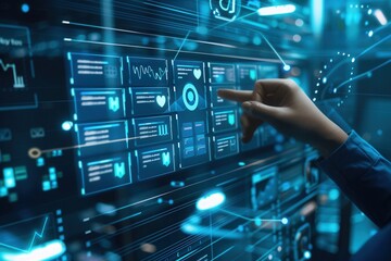 A user interacts with digital polls and surveys displayed on a high-tech screen, enhancing social media engagement and feedback collection. Generative AI