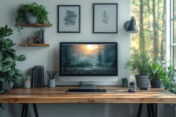 Modern Home Office with Forest Screen Saver