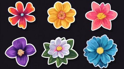 Obraz premium Colorful flower stickers in flat vector style, showcasing different designs, on an isolated background