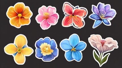 Obraz premium Colorful flower stickers in flat vector style, showcasing different designs, on an isolated background