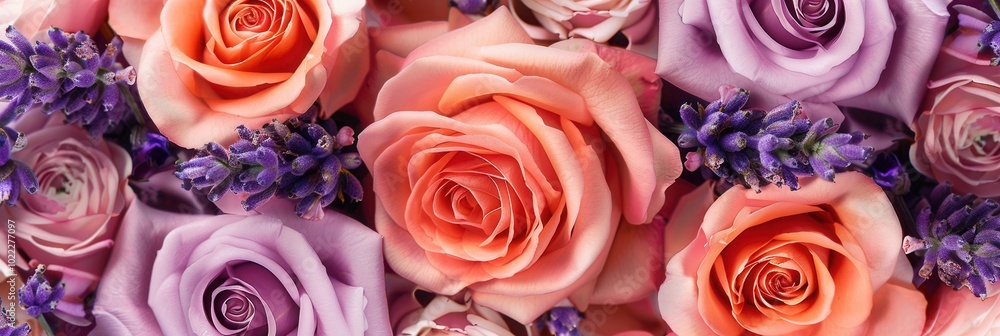 Poster roses in various shades of peach and lavender intertwine with sprigs of fragrant lavender, creating 