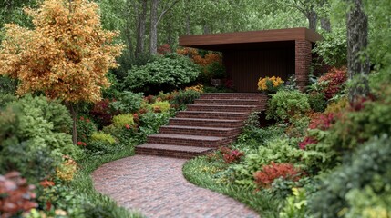 Fototapeta premium Brick Pathway and Steps Leading to a Wooden Patio in a Lush Autumn Garden