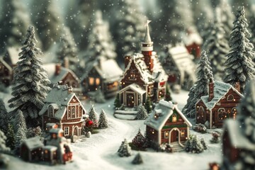 Fototapeta premium A charming vintage-style Christmas village blanketed in snow, showcasing cozy homes and festive decorations during the holiday season