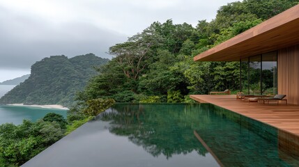 Fototapeta premium Modern Infinity Pool Villa With Ocean View Lush Tropical Landscape