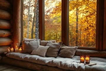 Fototapeta premium Cozy autumn interior in a wooden log cabin with big windows revealing a vibrant fall forest and warm candlelight