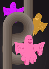 Retro 70s Background with Halloween Ghost. Groovy Holiday 1970s art template. Minimalistic Vintage design poster. Old-fashioned color artwork.