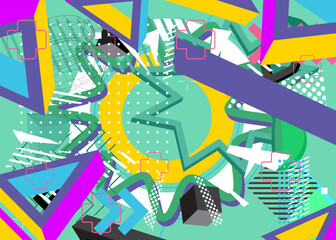 Fototapeta premium Busy geometrical graphic retro theme cover. Minimal geometric elements poster design. Vintage abstract shapes template for poster banner.