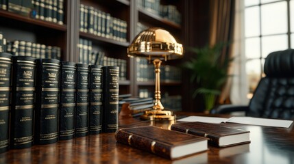 Classic Law Office Interior with Books  Desk Lamp  and Leather Chair