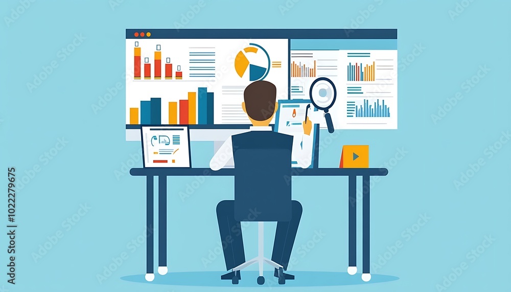 Poster businessman analyzing data on a computer screen