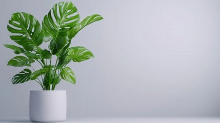 Fototapeta premium Monstera Plant in White Pot Against Minimalist Background