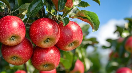 Ripe Red Apples on Branch Against Blue Sky   Autumn Harvest Orchard
