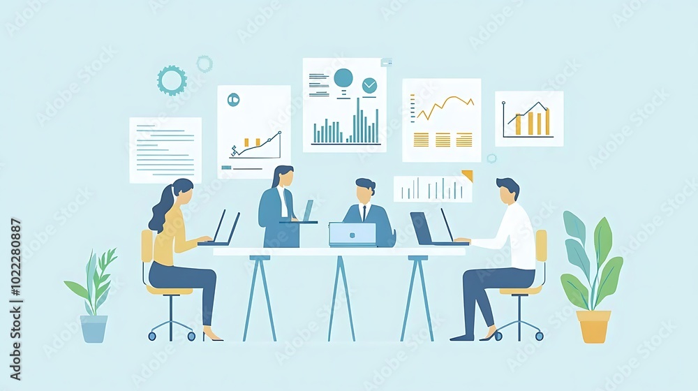Aufkleber businesspeople analyzing data at a meeting around a table with graphs and charts