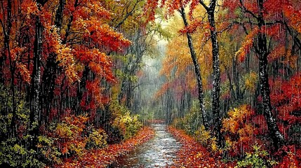 Fototapeta premium Stunning photograph showcasing the beauty of an autumn landscape with vibrant trees in shades of orange yellow and red and a winding path covered in a carpet of fallen leaves