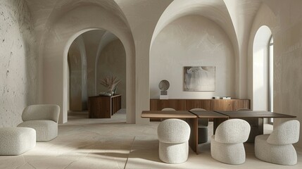 Architecturally Designed Minimalist Living Room: Boucle Chairs at Dining Table Surrounded by Stucco Walls and an Arch Entrance