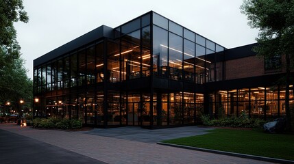 Fototapeta premium Modern Glass Facade Office Building Exterior at Dusk