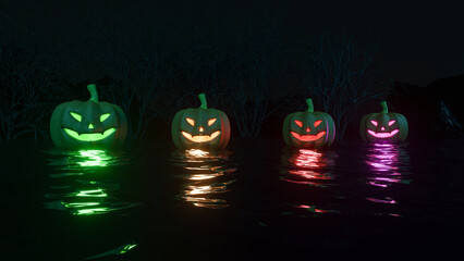 A Creepy Scene With Pumpkins With Colorful Lights Under The Branches Of Trees. Horror Atmosphere Without People. Scary Halloween Style. Modern 3D Illustration