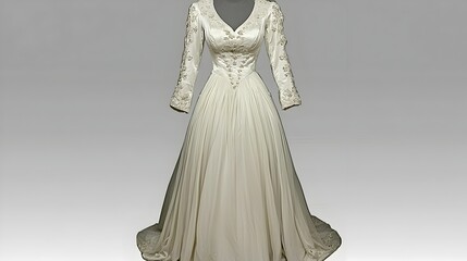 Elegant and Romantic White Wedding Dress Design with Intricate Embroidery Details and a Flowing Chiffon Skirt Captured Against a Light Background