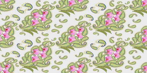 Pink orchid embroidery pattern, green paisley ikat seamless geometric pattern. Blue background illustration, vector, wallpaper border.