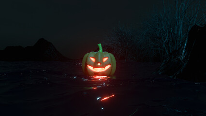 A Scene With A Pumpkin Monster Floating On The Water. Horror Atmosphere Without People. Halloween Creative Style. Modern 3D Illustration