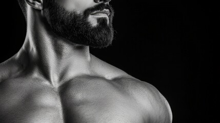 Muscular Man with Beard  Black and White Portrait  Strong Physique  Fitness  Bodybuilding