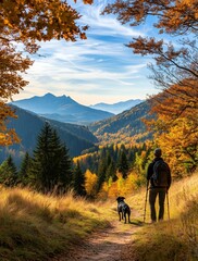 Man hiking with dog in scenic autumn mountains