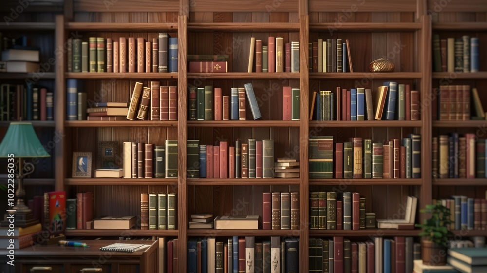 Leinwandbilder The wooden shelves display an extensive array of textbooks and academic literature, creating a warm and inviting study atmosphere. Generative AI