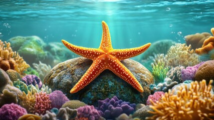 Vibrant Starfish Surrounded by Colorful Coral Reef