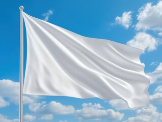 A beautiful, waving white flag against a clear blue sky with fluffy clouds, symbolizing peace and surrender.