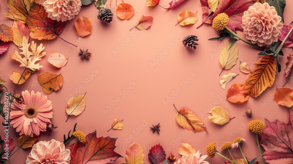 Poster A collection of autumn leaves and flowers in warm colors are artistically arranged on a soft surface, celebrating the beauty of the season. Generative AI