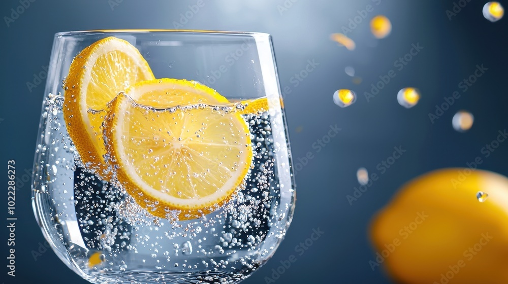 Poster a close-up of a glass of water with lemon slices floating in it, adding a touch of zest to the refre
