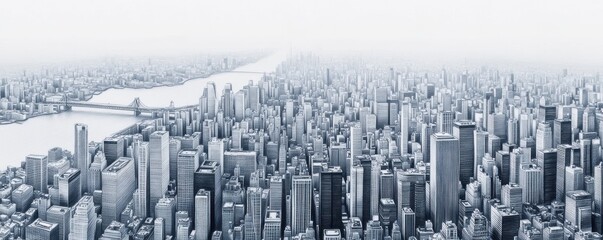 Fototapeta premium A breathtaking aerial view of a sprawling urban landscape, showcasing modern skyscrapers and a serene river.