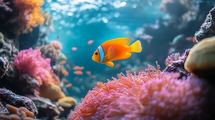 Obraz premium A vibrant orange and white clownfish swims through a coral reef, surrounded by colorful anemones and other fish.