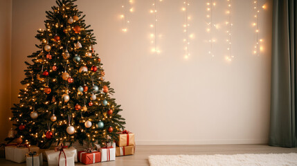 A beautifully decorated Christmas tree adorned with colorful ornaments and twinkling lights stands in cozy room, surrounded by neatly wrapped gifts, creating warm holiday atmosphere