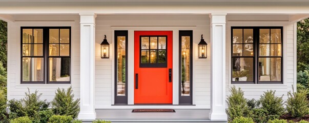 Obraz premium A charming front porch featuring a vibrant orange door, surrounded by elegant windows and lush greenery, inviting warmth and style.