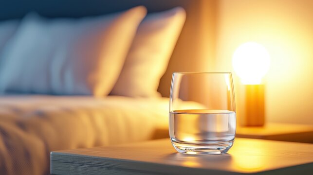 A glass of water on a wooden bedside table, softly lit by a warm bedside lamp, ready for nighttime hydration.