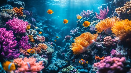 Obraz premium Vibrant coral reef teeming with colorful fish and sunlight.