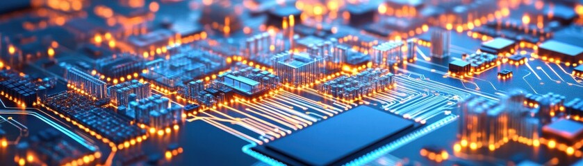 Obraz premium A close-up view of a vibrant circuit board showcasing intricate details and glowing components, perfect for technology themes.