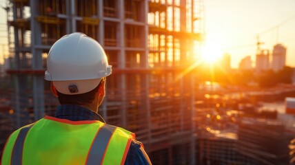 A construction worker observes a sunset at a building site, symbolizing hard work and dedication in the construction industry.