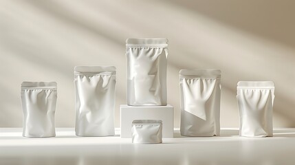 Mockup of six white stand-up pouches with zipper on white background.