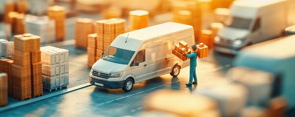 A delivery van operations scene with a worker loading packages in a bustling distribution center. Perfect for logistics themes.