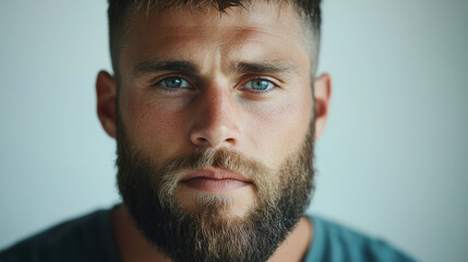 Fototapeta premium close up portrait of man with well groomed beard and striking blue eyes, conveying sense of confidence and intensity. background is softly blurred, emphasizing his facial features