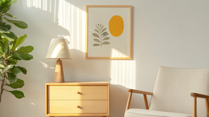 Fototapeta premium A cozy interior featuring stylish chair, wooden nightstand, and decorative lamp. wall art adds modern touch, complemented by natural light and greenery