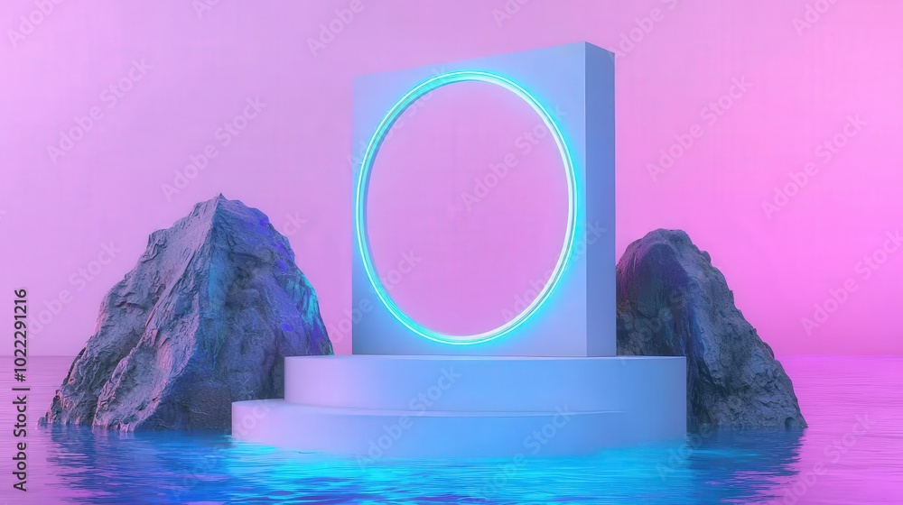 Poster minimalist 3d render of neon circle frame on water platform with rocks