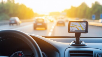 A driver's perspective featuring a GPS device on a dashboard, capturing the essence of navigation during a sunset drive.
