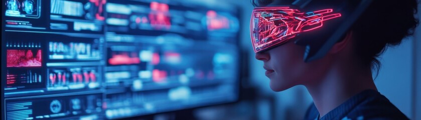 Fototapeta premium A futuristic person wearing advanced VR gear, immersed in a digital interface filled with vibrant data visuals and technology.