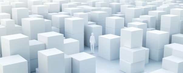 Obraz premium A lone figure stands amidst a vast array of white boxes, symbolizing isolation, possibility, and the search for direction.
