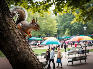 Obraz premium a squirrel is standing in a park with a tree branch that has a red squirrel on it.