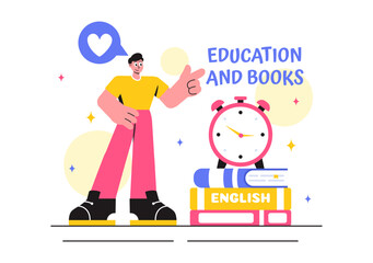 Education and Knowledge Books Vector Illustration featuring People Studying and School Items for Learning in a Flat Style Cartoon Background